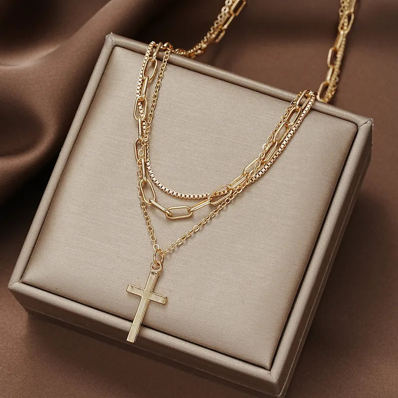 Three Layer Chain Cross Necklace