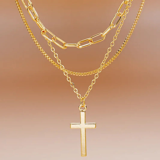 Three Layer Chain Cross Necklace