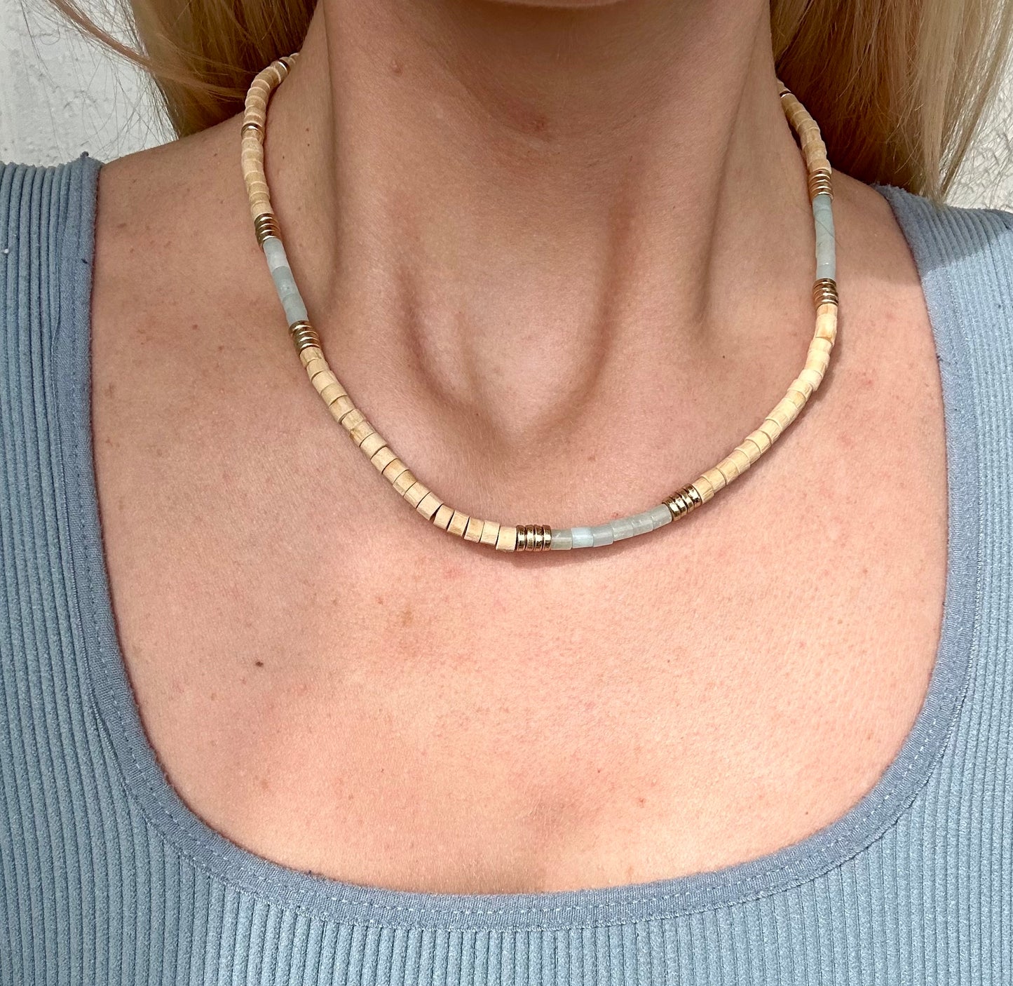 Wood Beaded With Metal Disc Necklace