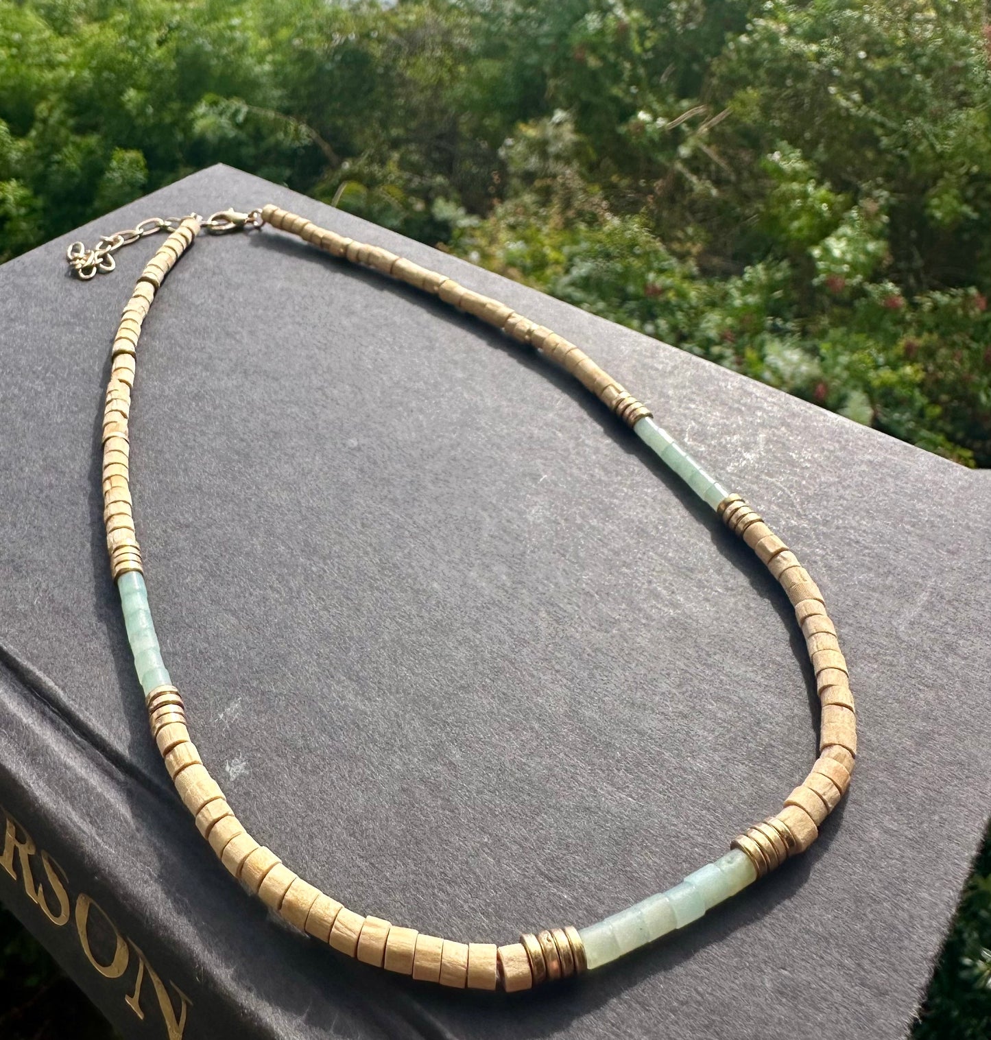 Wood Beaded With Metal Disc Necklace