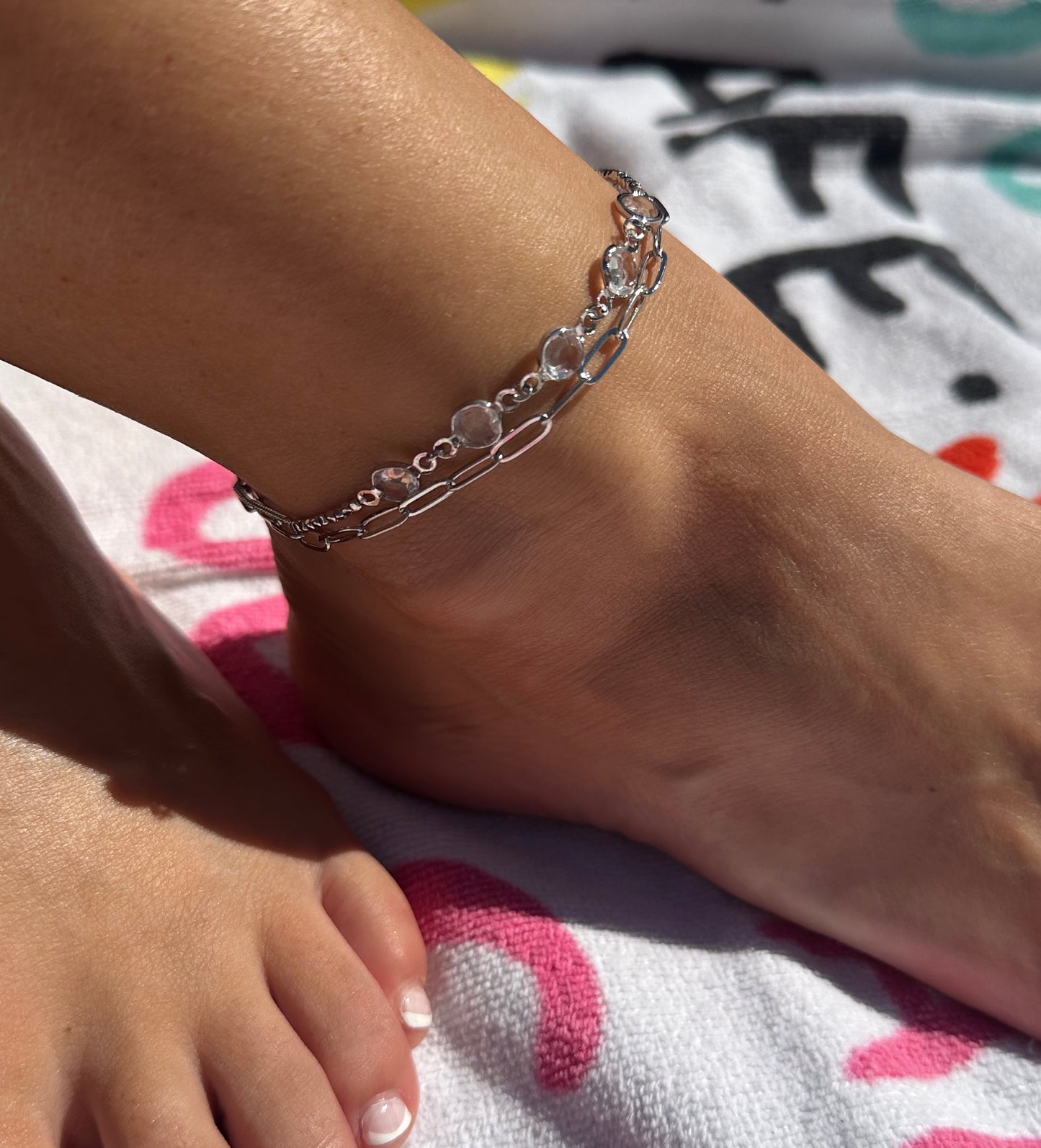 Link Chain And Glass Double Row Anklet
