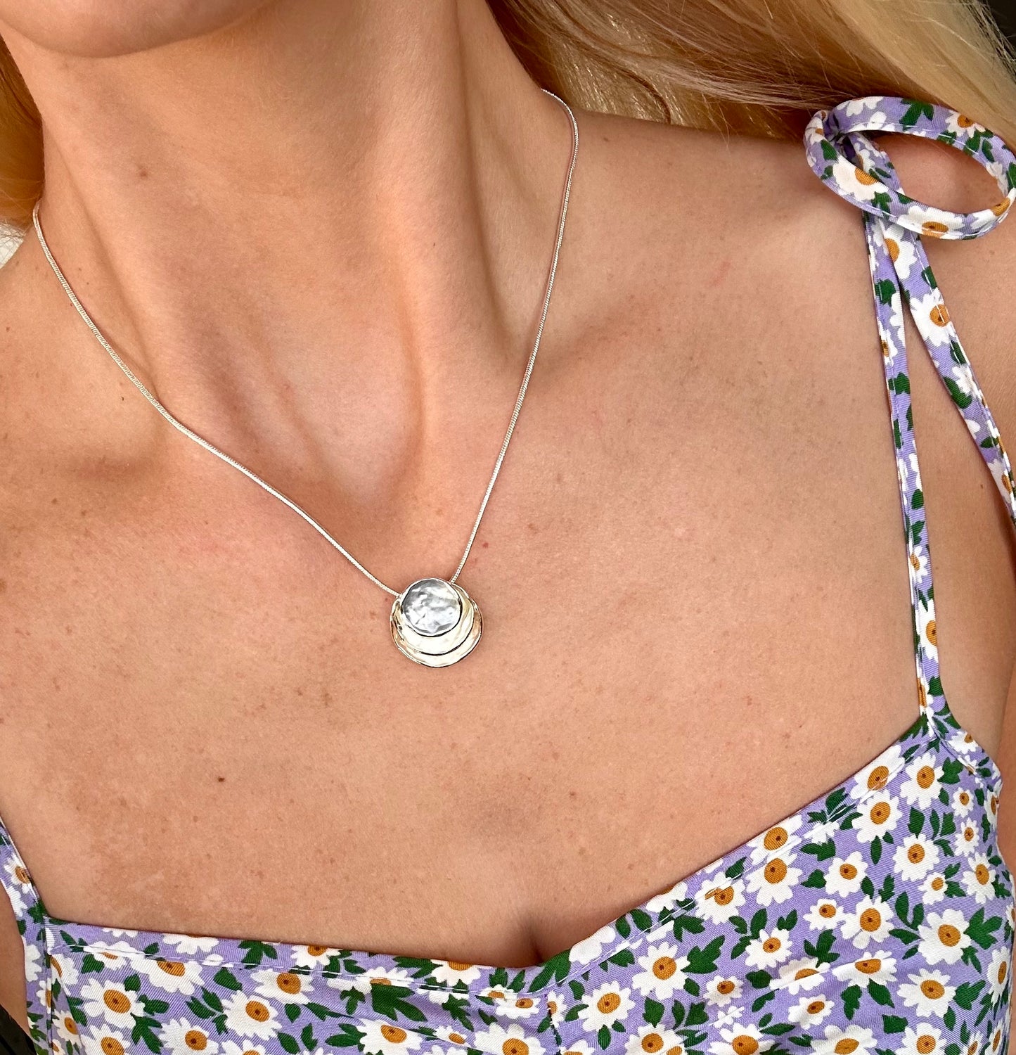 Three Stacked Potato Chip White Pearl Necklace