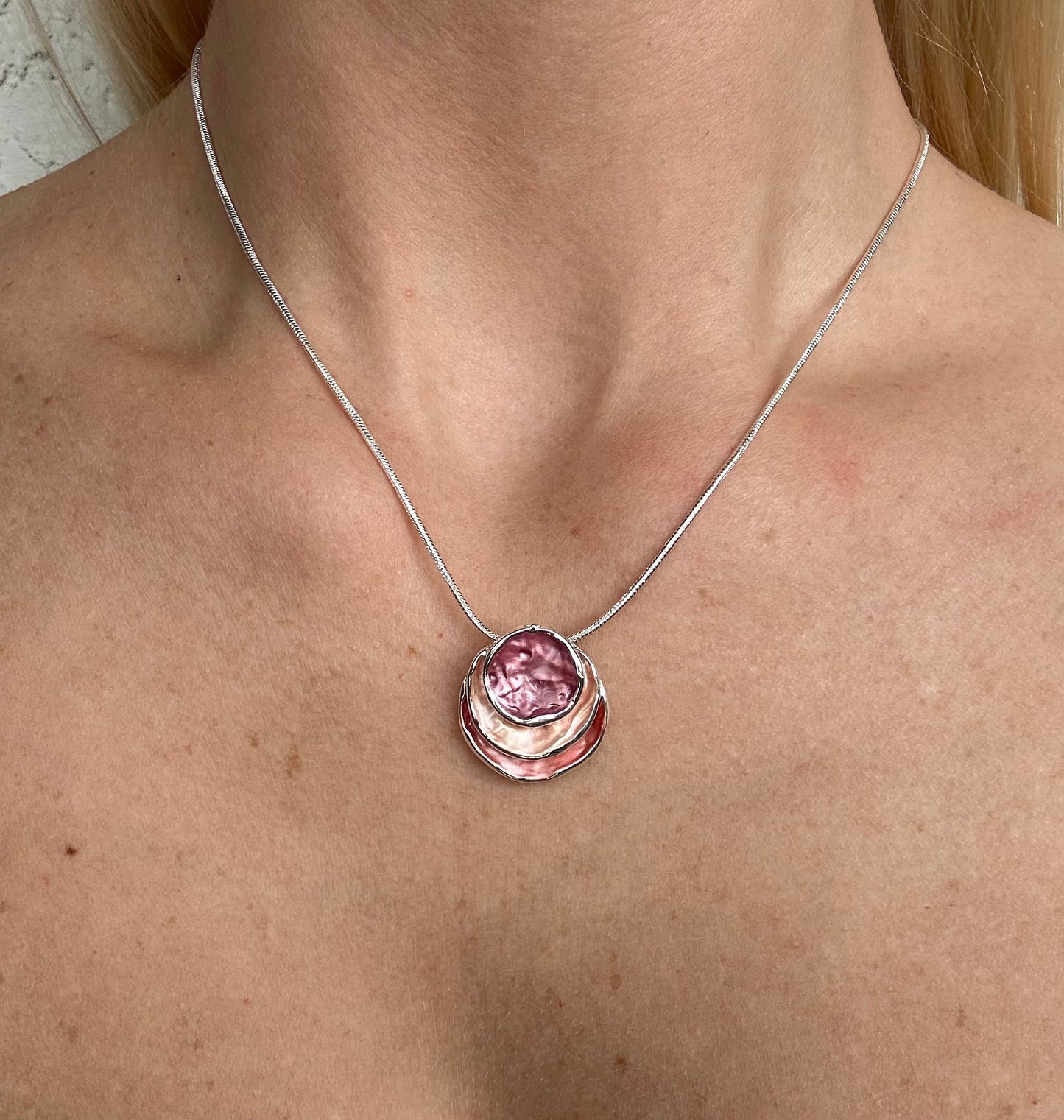 Three Stacked Potato Chip Pink Pearl Necklace