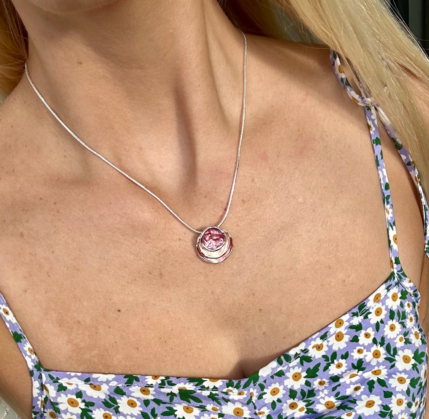 Three Stacked Potato Chip Pink Pearl Necklace