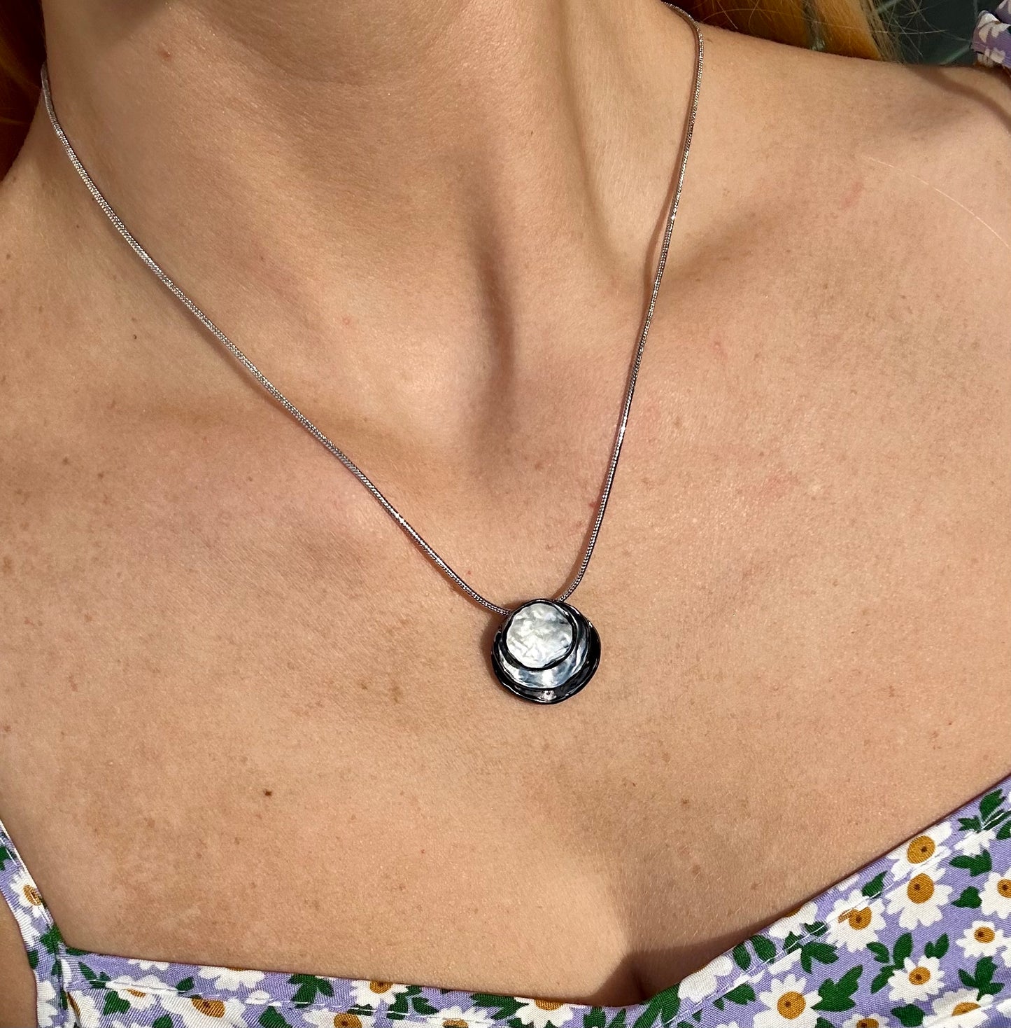 Three Stacked Potato Chip White/Grey/Black Pearl Necklace