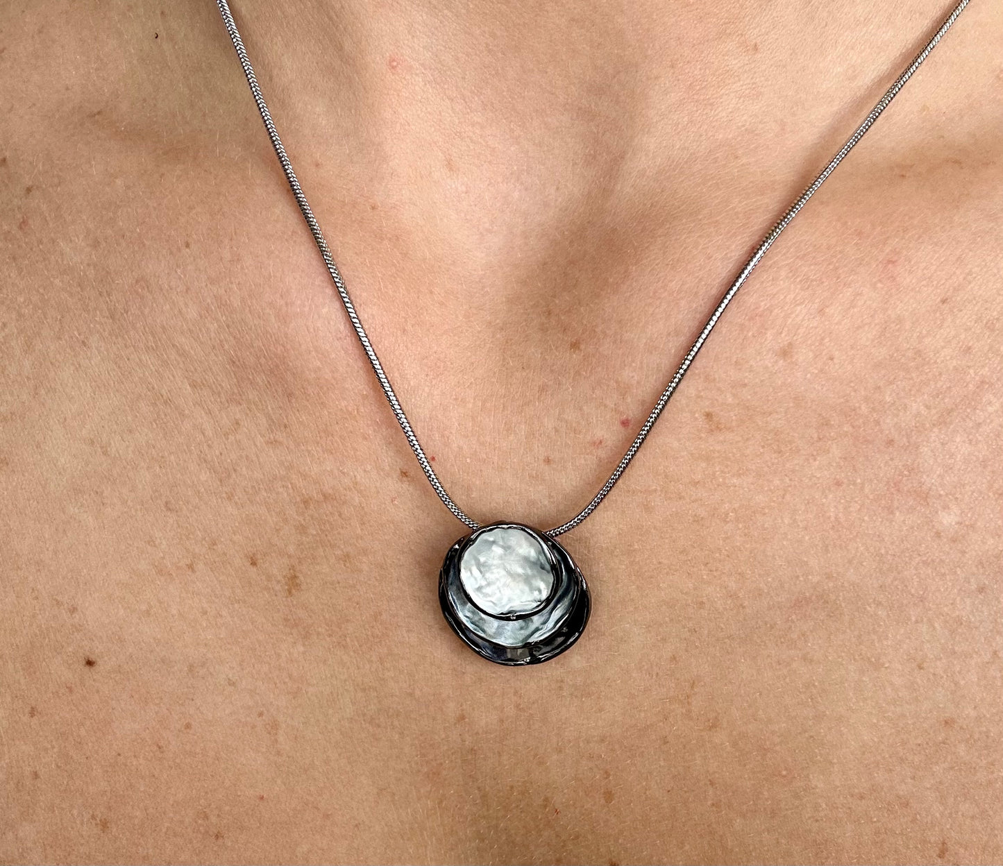 Three Stacked Potato Chip White/Grey/Black Pearl Necklace