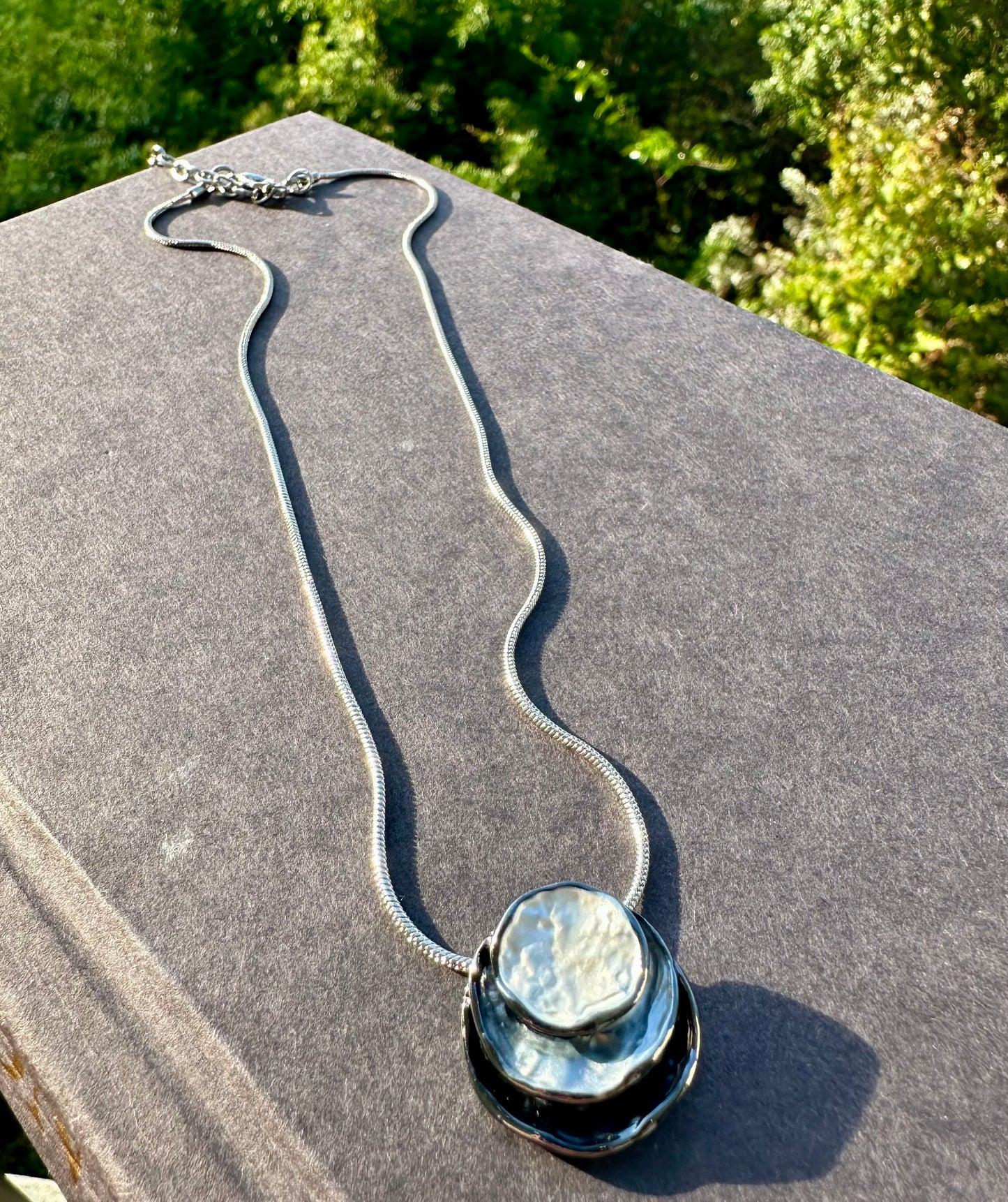 Three Stacked Potato Chip White/Grey/Black Pearl Necklace