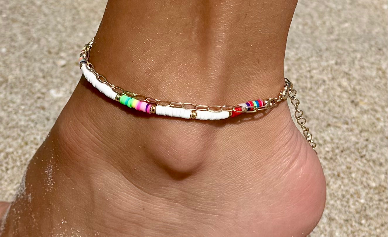 2 Row Rainbow Rubber Bead and Chain Anklet