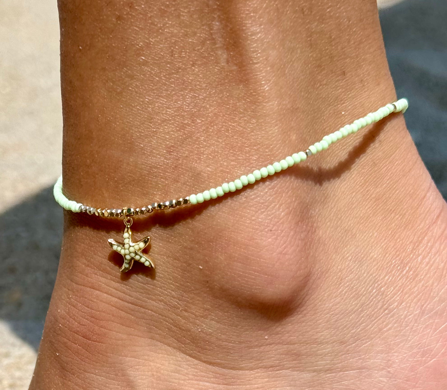 Mint Seed Bead Anklet With Starfish