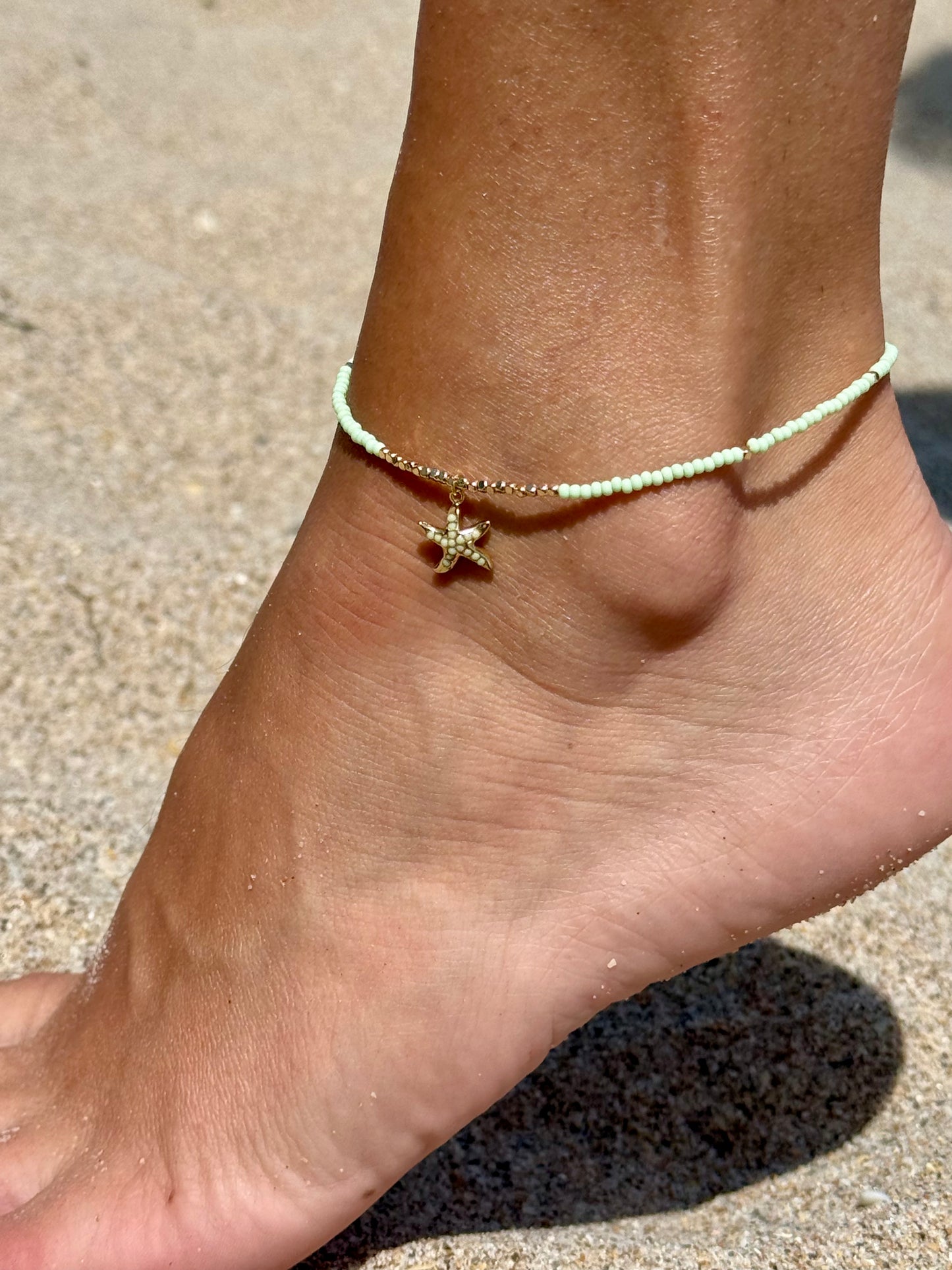 Mint Seed Bead Anklet With Starfish