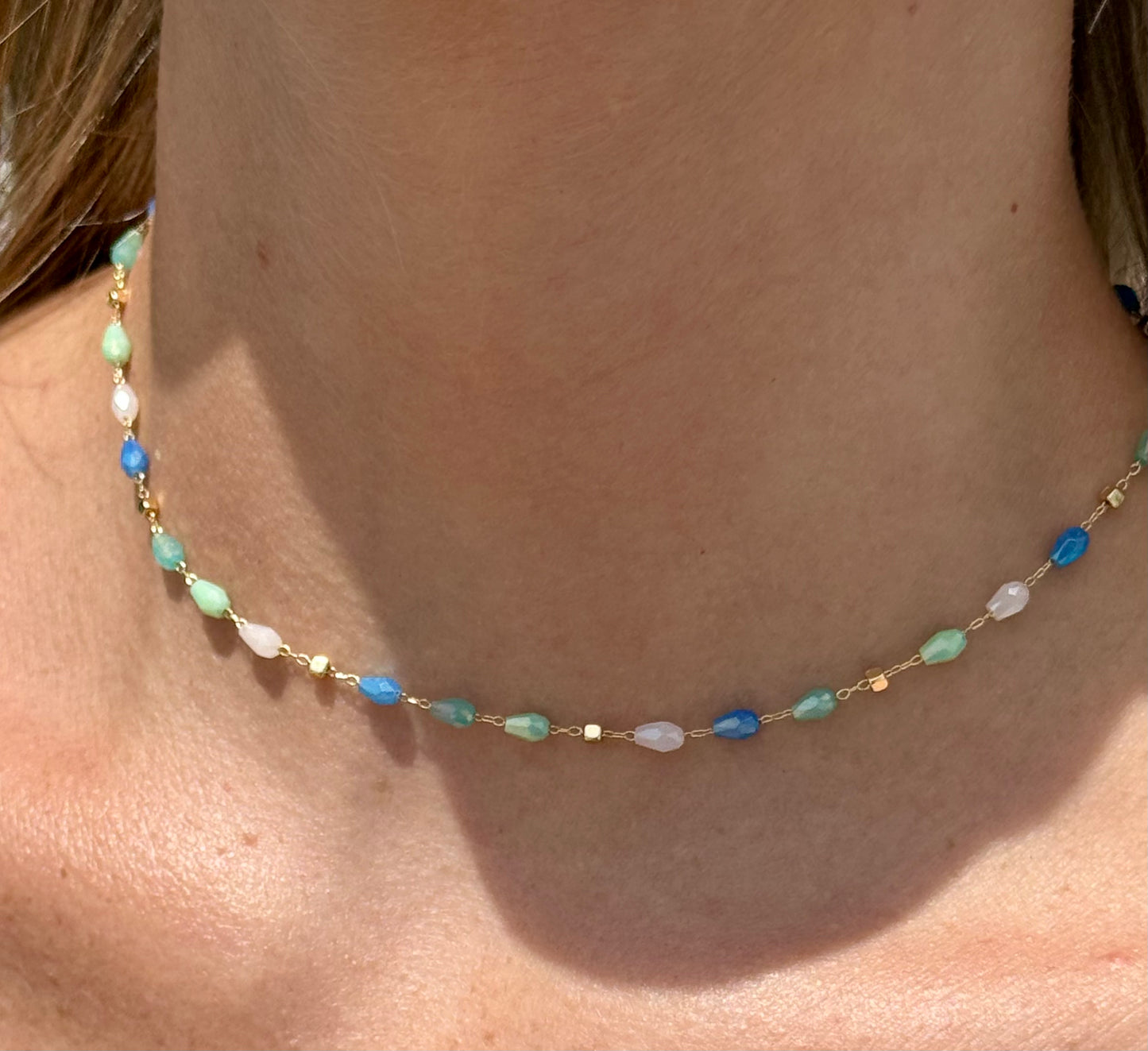 Blue Tear Drop Glass Bead Chain Link Necklace