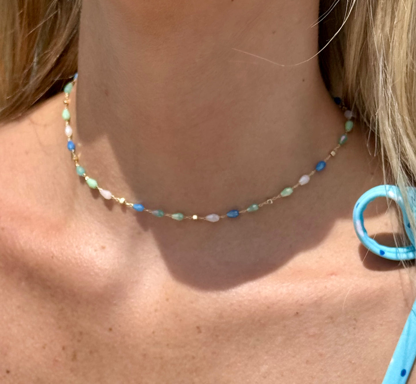 Blue Tear Drop Glass Bead Chain Link Necklace