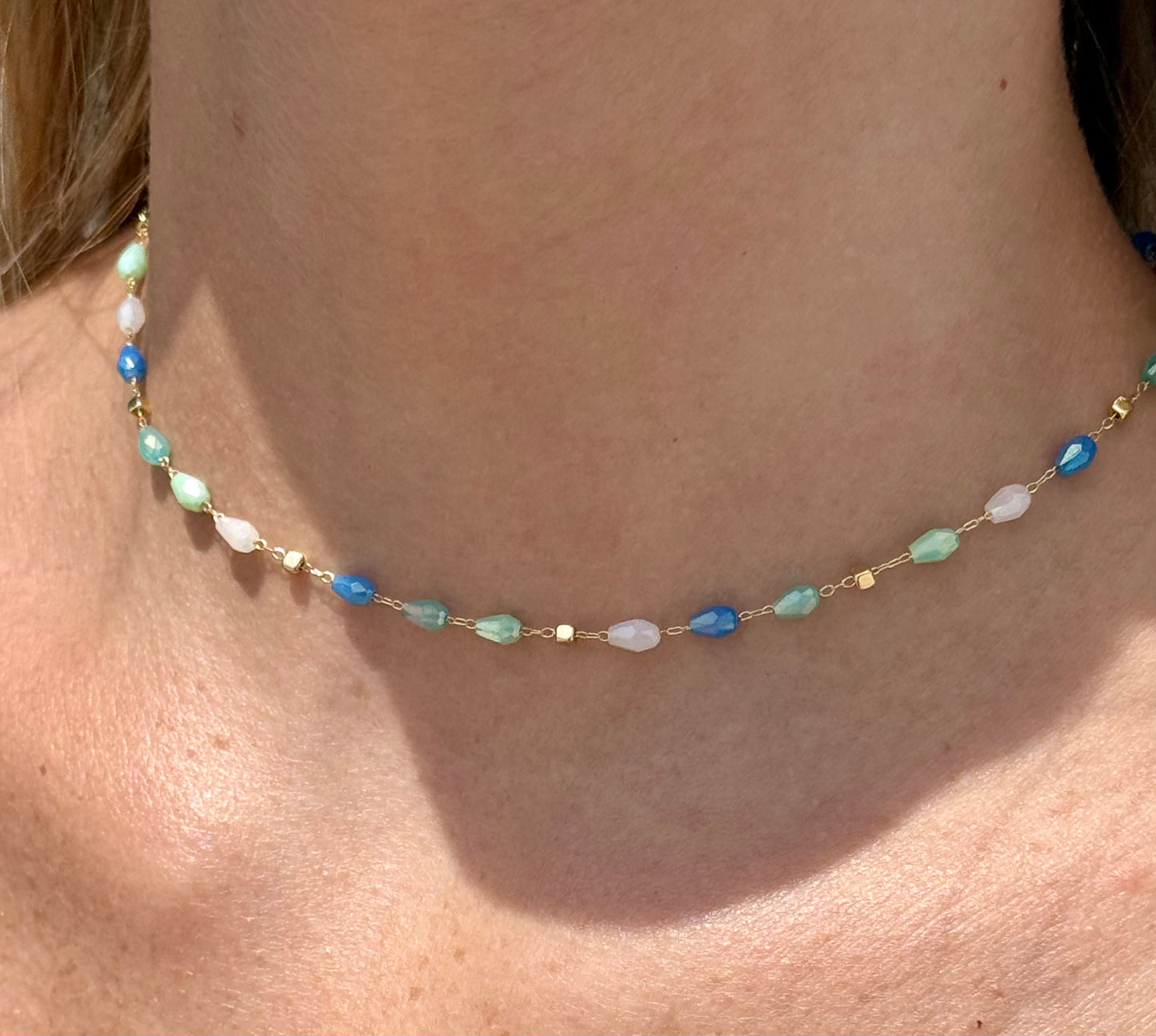 Blue Tear Drop Glass Bead Chain Link Necklace