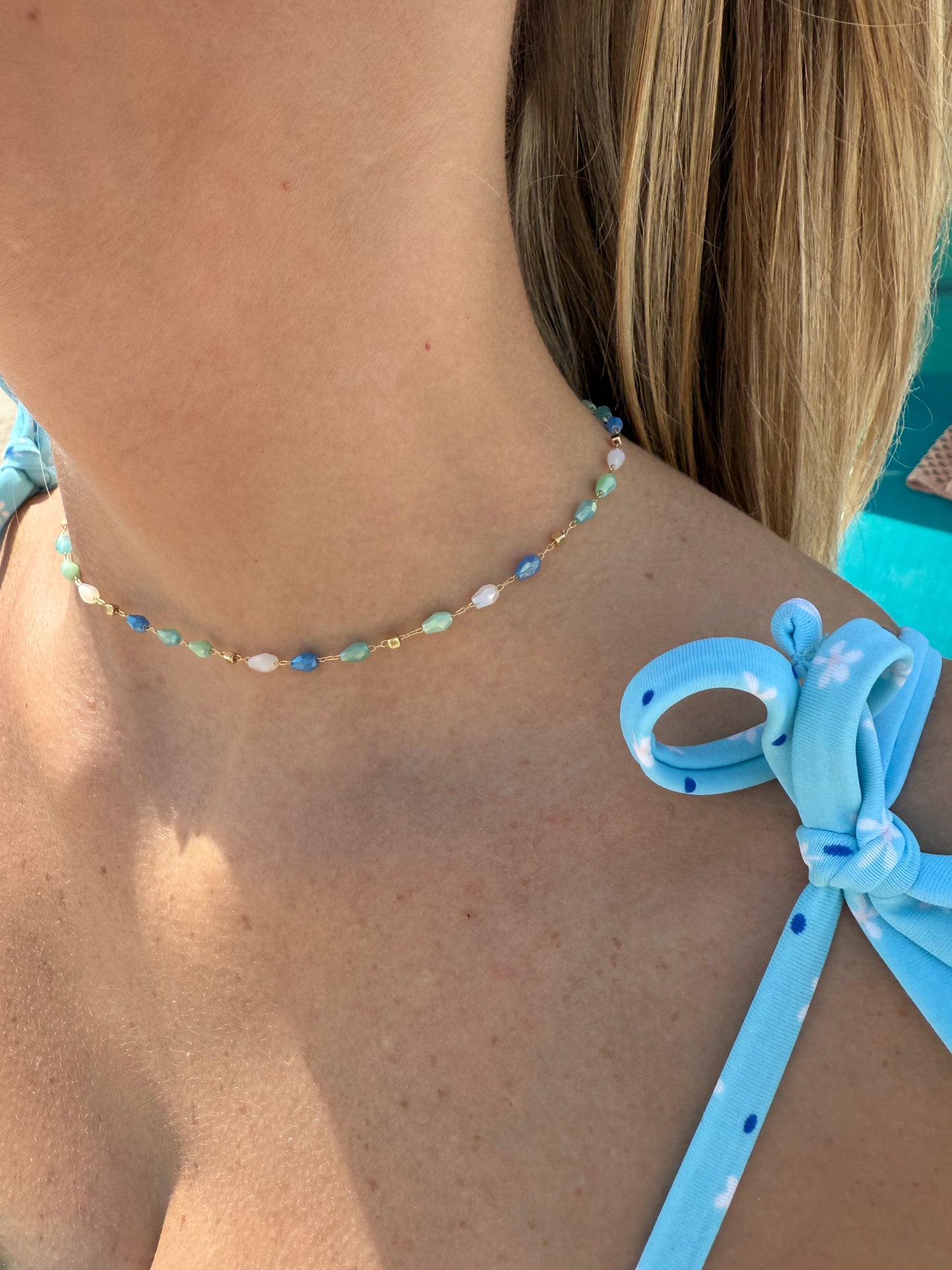 Blue Tear Drop Glass Bead Chain Link Necklace