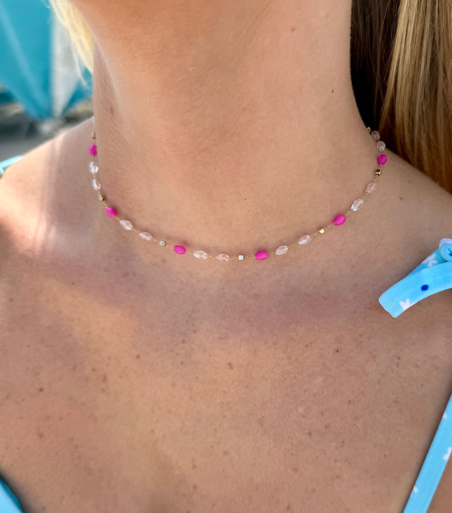 Pink Tear Drop Glass Bead Link Necklace