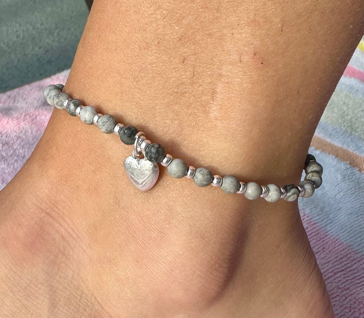 Stone Bead Anklet With Heart Charm