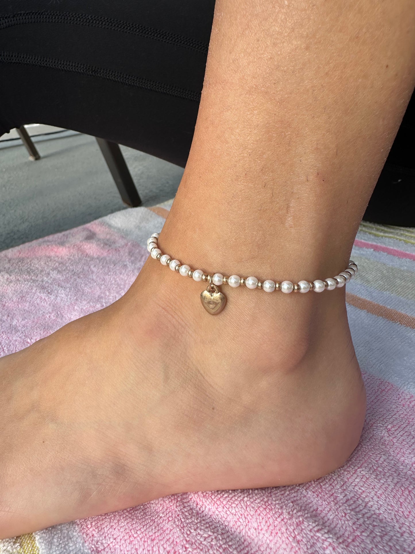Stretch Stone Beads Anklet With Heart