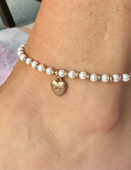 Stretch Stone Beads Anklet With Heart
