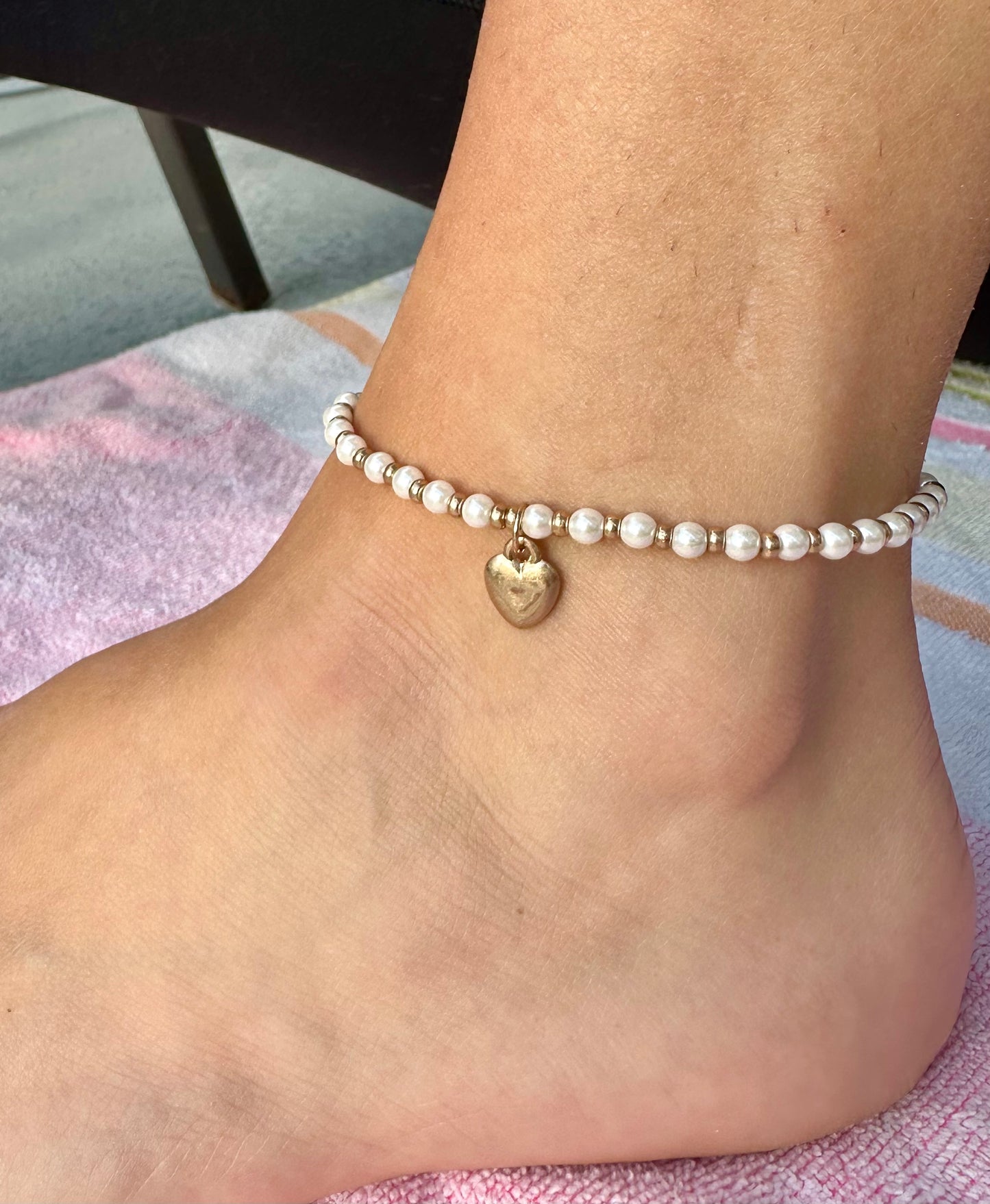 Stretch Stone Beads Anklet With Heart