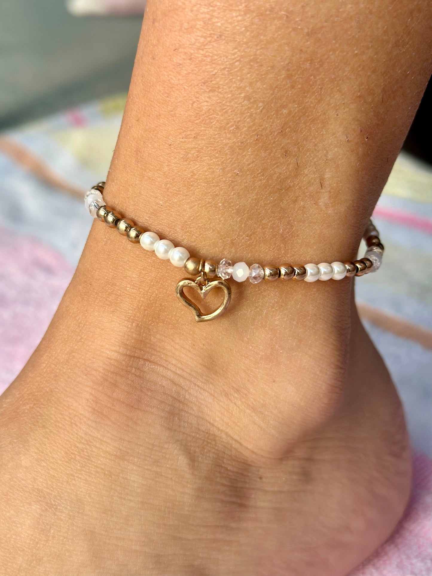 Pearl Bead Anklet With Heart Charm