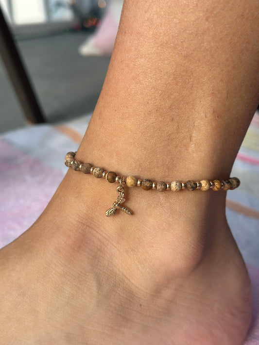 Sand Stone Bead Anklet With Dragonfly Charm