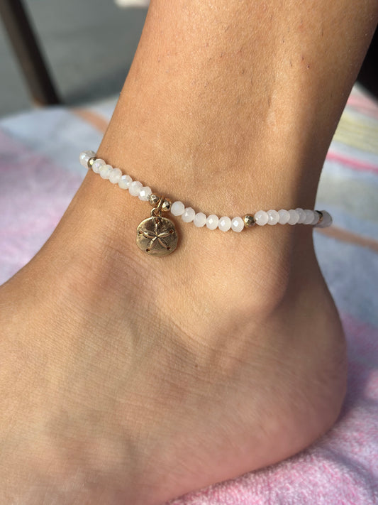 White Beads Anklet With Sand Dollar Charm