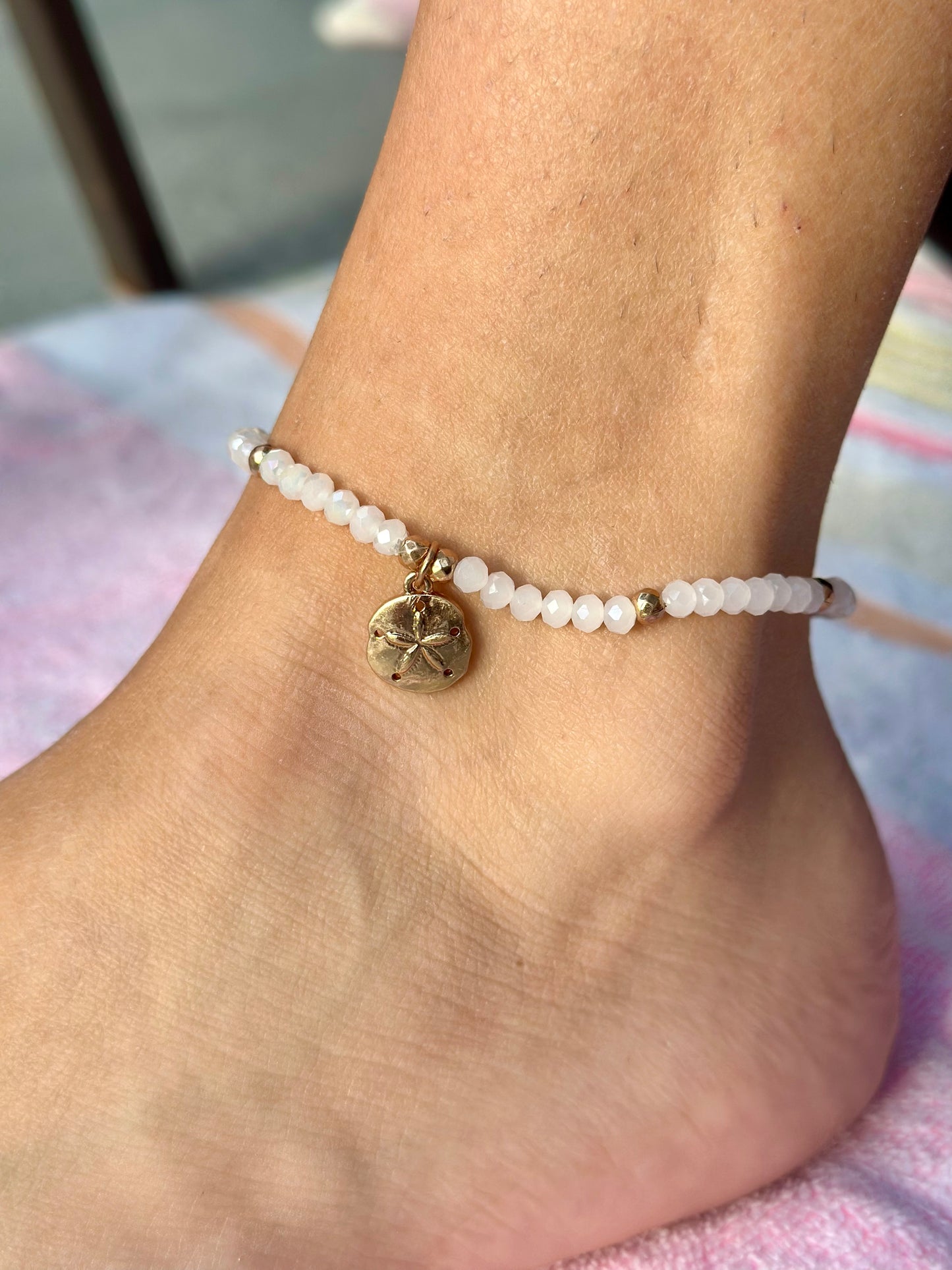 White Beads Anklet With Sand Dollar Charm