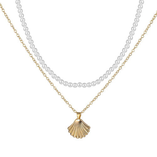 Pearl Beaded Shell Double Layer Necklace