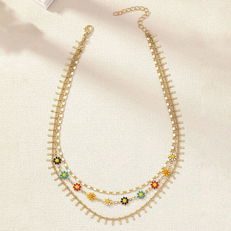 Gold Drip Daisy Multi-Layer Chain Necklace