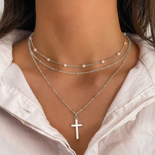 Simple Style Silver Cross Layered Necklace