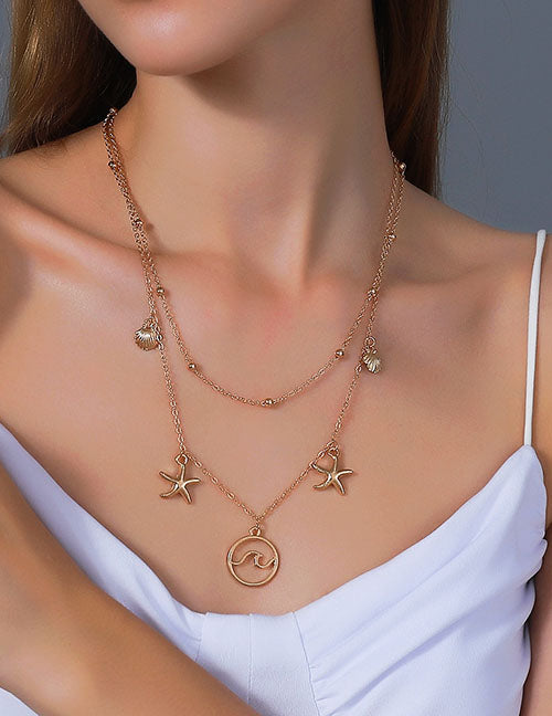 Gold Starfish Shell Multi Layered Necklace