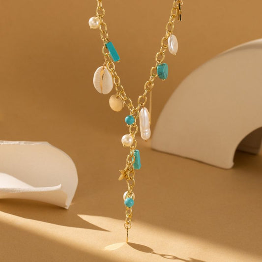 Gold Chain With Turquoise And Pearl Pendants