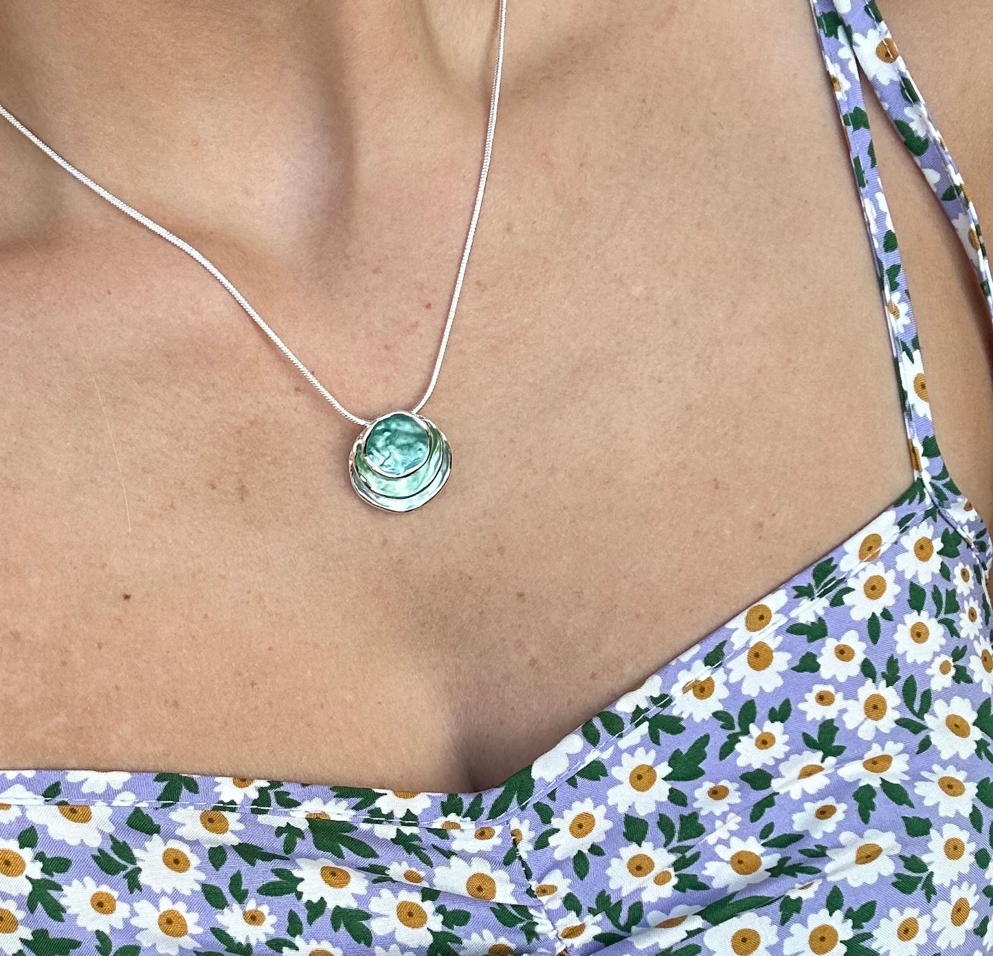 Three Stacked Potato Chip Blue/Grey Pearl Necklace