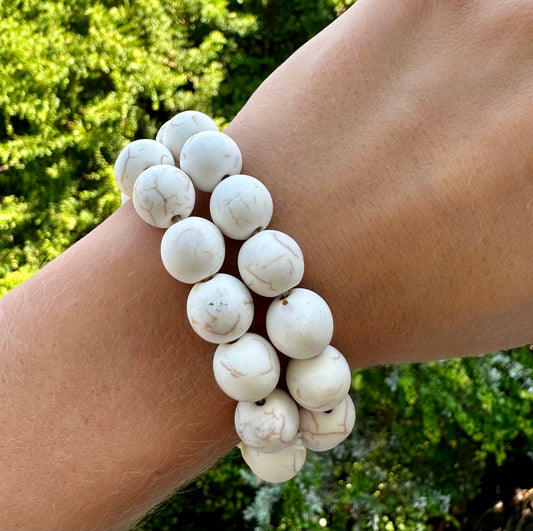 White With Brown Marbling Ball Bracelet