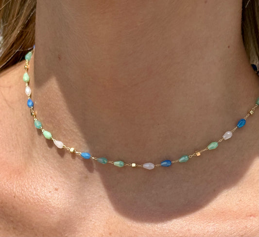 Blue Tear Drop Glass Bead Chain Link Necklace