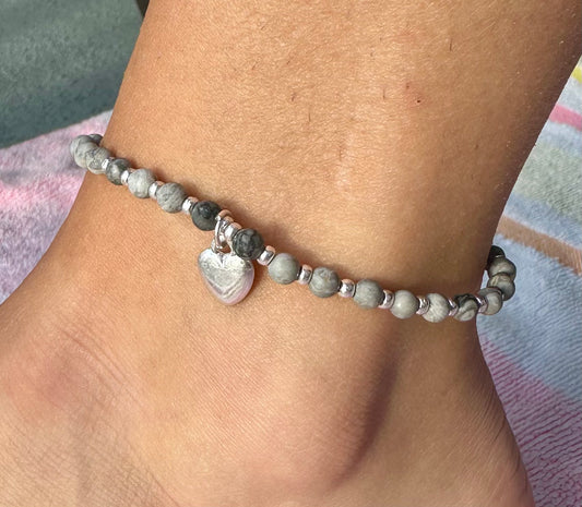 Stone Bead Anklet With Heart Charm