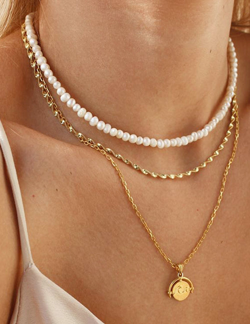 Gold Pearl Beaded Wave Layered Necklace