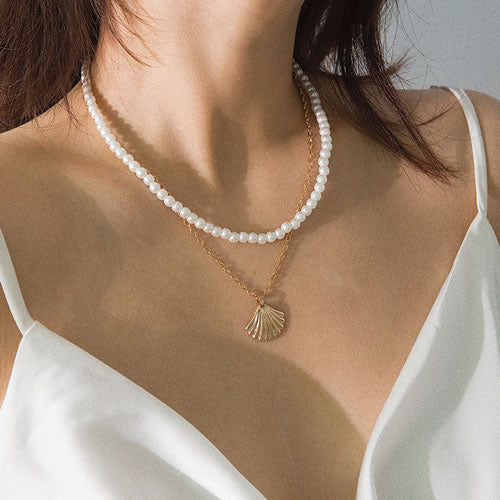 Pearl Beaded Shell Double Layer Necklace