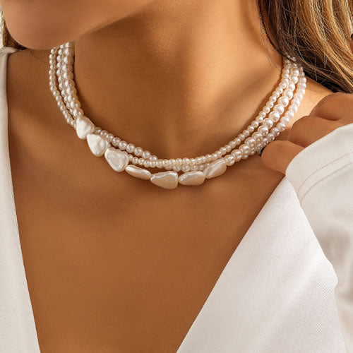 White Geometric Pearl Beaded Tiered Necklace