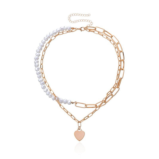 Gold Alloy Pearl Beaded Chain Heart Double Layer Necklace